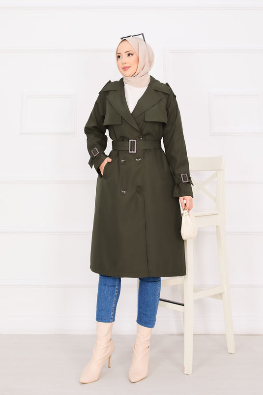 Mobiler Trenchcoat mit Knopfleiste und Gürtel in Khaki