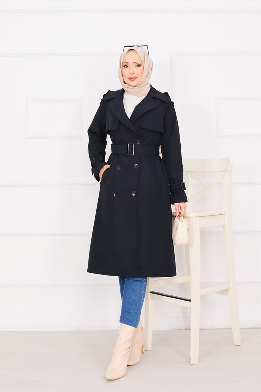 Trench dettagliato con bottoni mobili con cintura blu navy