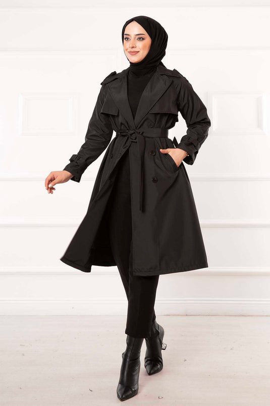 Trench dettagliato con bottoni e cintura mobile nero