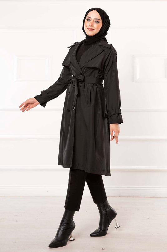 Trench dettagliato con bottoni e cintura mobile nero