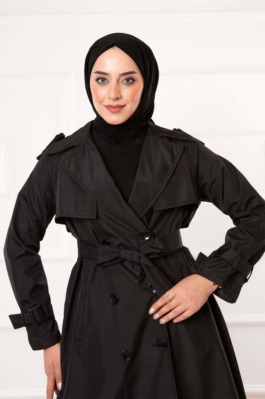 Trench dettagliato con bottoni e cintura mobile nero