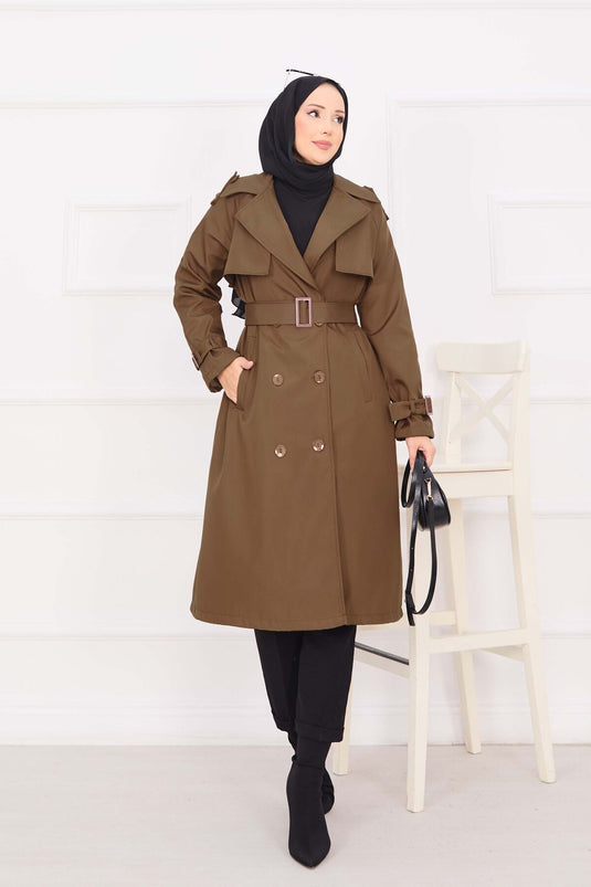 Portable Belted Button-Detail Trench Coat in Tan