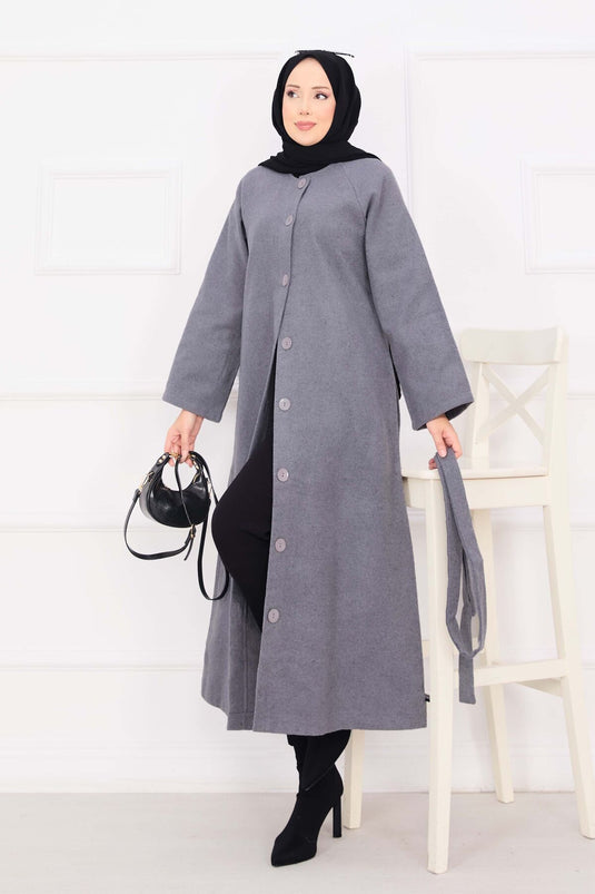 Seyyar Kuşaklı Düğmeli Kaşe Kaban Gri