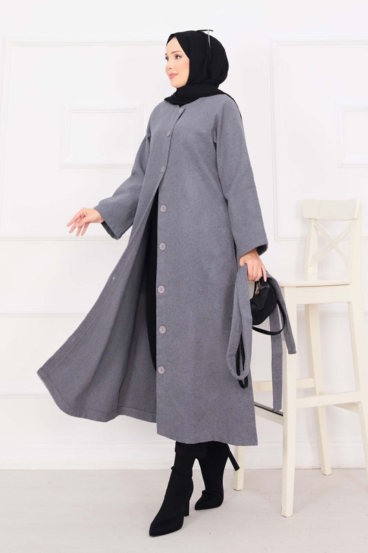 Manteau Cachemire Boutonné Ceinturé Mobile Gris