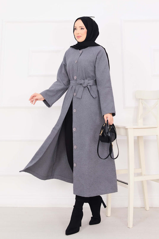 Seyyar Kuşaklı Düğmeli Kaşe Kaban Gri