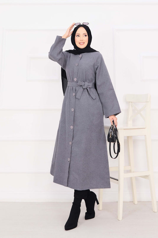 Seyyar Kuşaklı Düğmeli Kaşe Kaban Gri