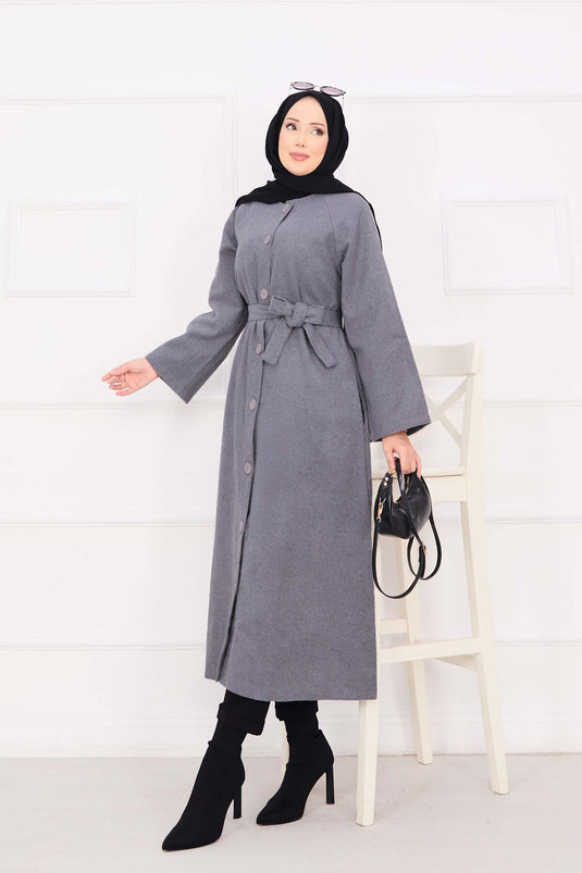 Seyyar Kuşaklı Düğmeli Kaşe Kaban Gri