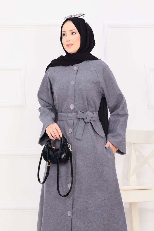 Manteau Cachemire Boutonné Ceinturé Mobile Gris
