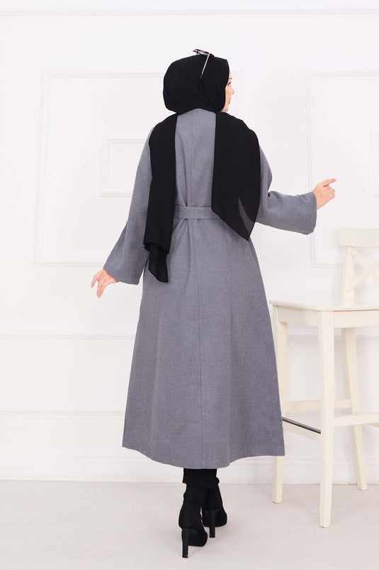 Seyyar Kuşaklı Düğmeli Kaşe Kaban Gri