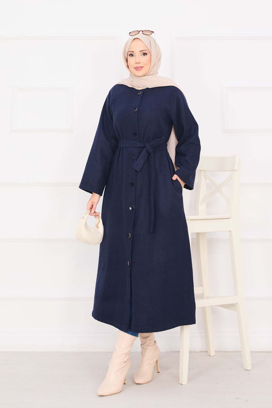 Manteau Cachemire Boutonné Ceinturé Mobile Bleu Marine