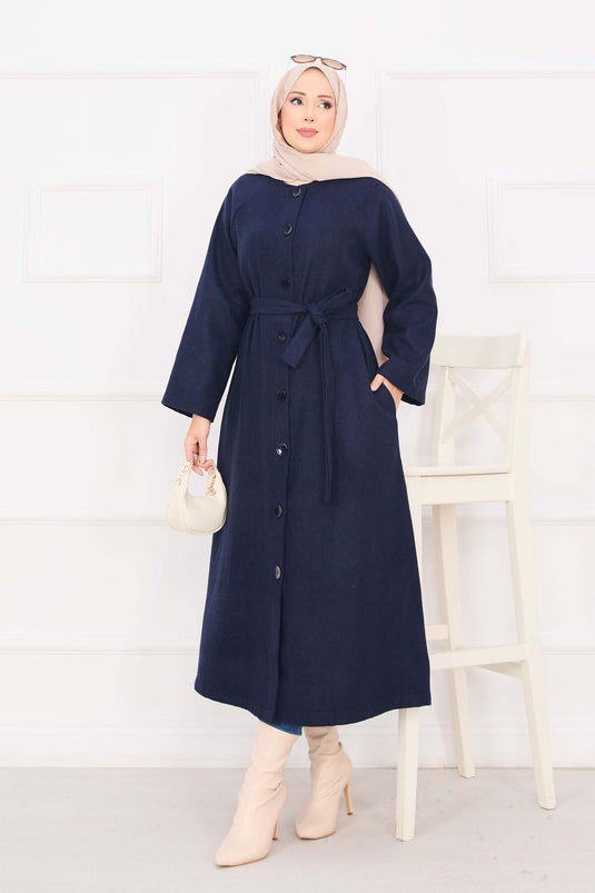 Manteau Cachemire Boutonné Ceinturé Mobile Bleu Marine