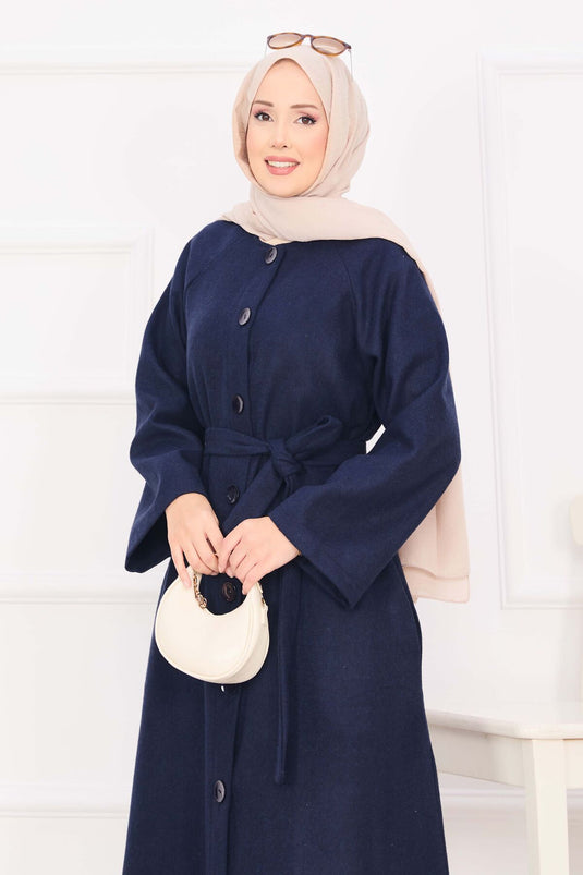 Manteau Cachemire Boutonné Ceinturé Mobile Bleu Marine