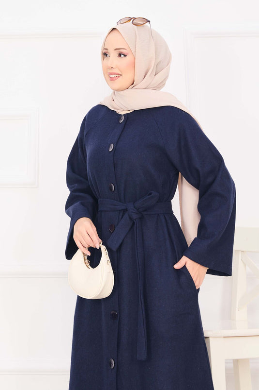 Manteau Cachemire Boutonné Ceinturé Mobile Bleu Marine