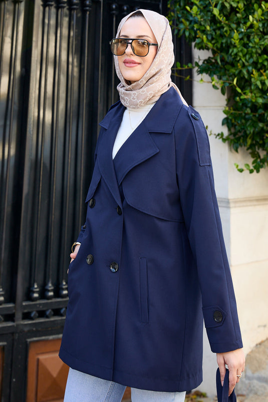 Trench court boutonné avec ceinture amovible bleu marine