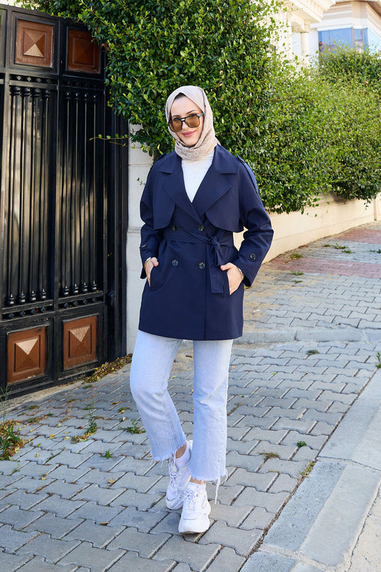 Removable Belted Buttoned Short Trench Coat Navy Blue