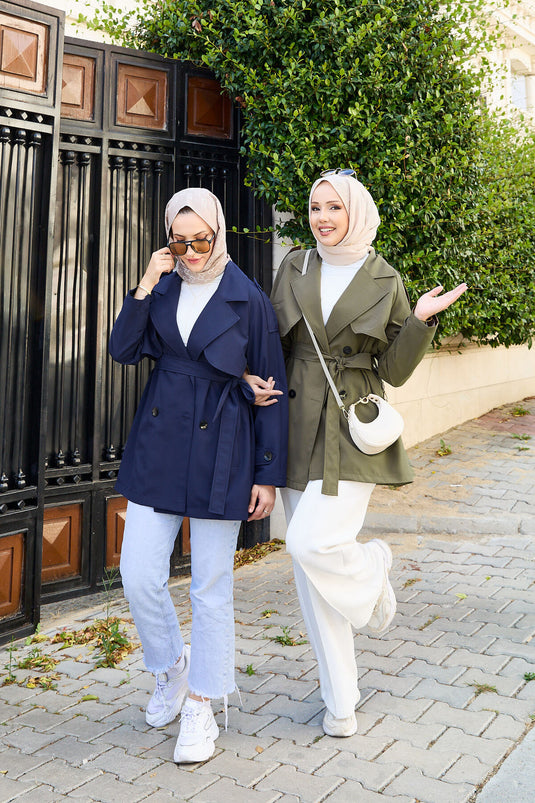 Removable Belted Buttoned Short Trench Coat Navy Blue