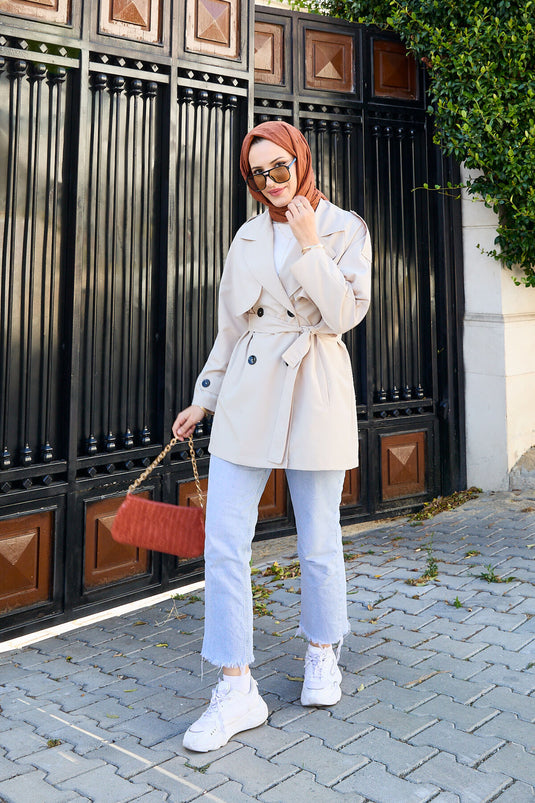 Trench-coat court boutonné avec ceinture amovible Stone