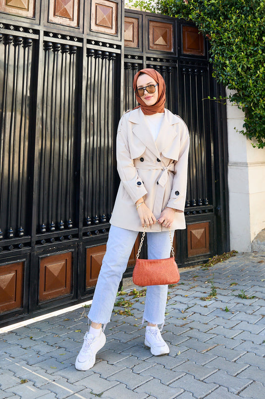 Trench-coat court boutonné avec ceinture amovible Stone