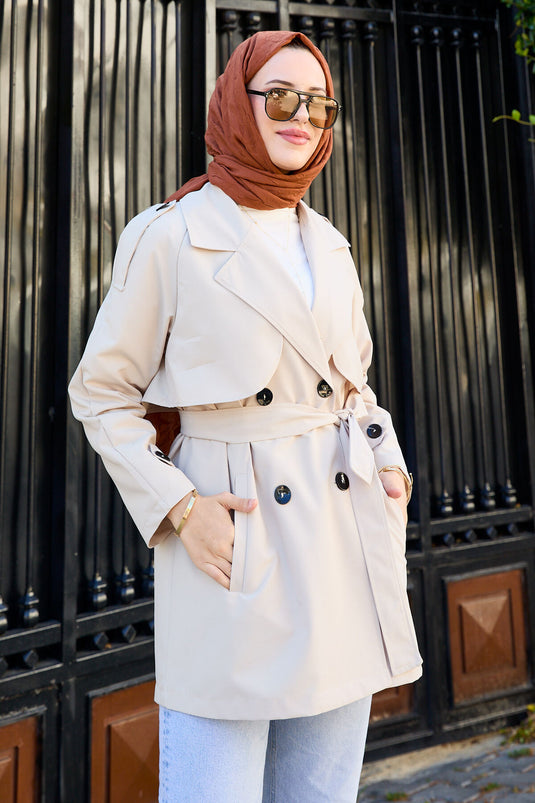 Kurzer Trenchcoat mit abnehmbarem Gürtel und Knöpfen in Stein