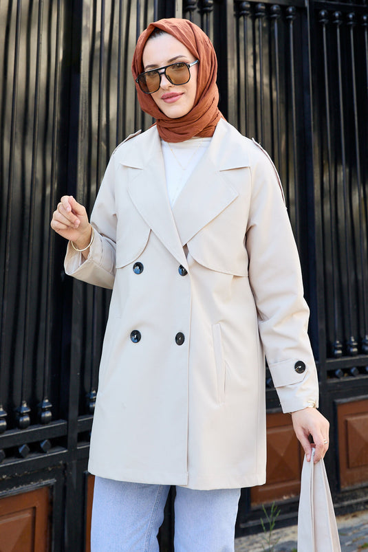 Kurzer Trenchcoat mit abnehmbarem Gürtel und Knöpfen in Stein