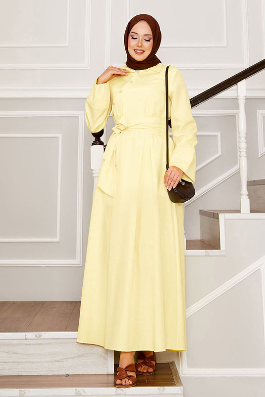 Removable Belted Shirt Collar Dress Light Yellow