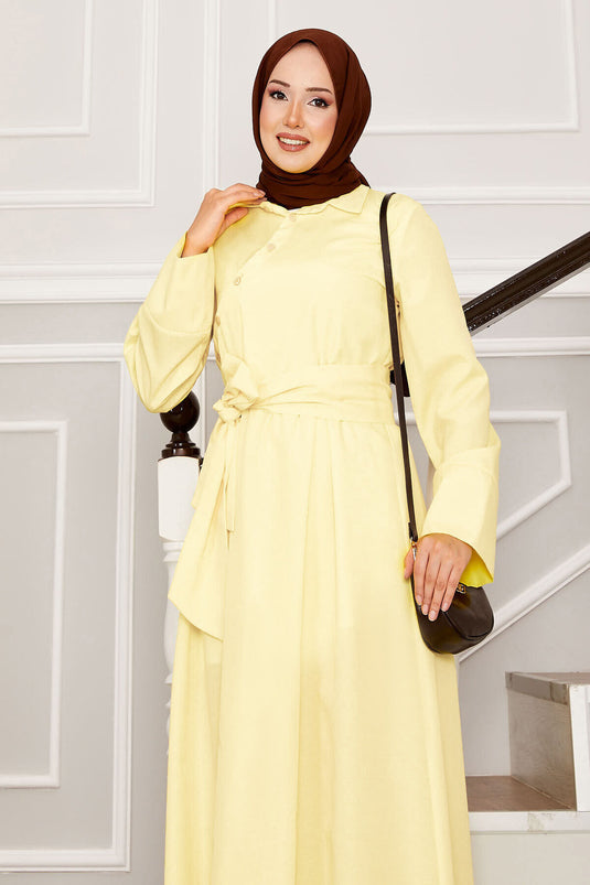 Removable Belted Shirt Collar Dress Light Yellow