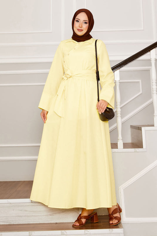 Removable Belted Shirt Collar Dress Light Yellow