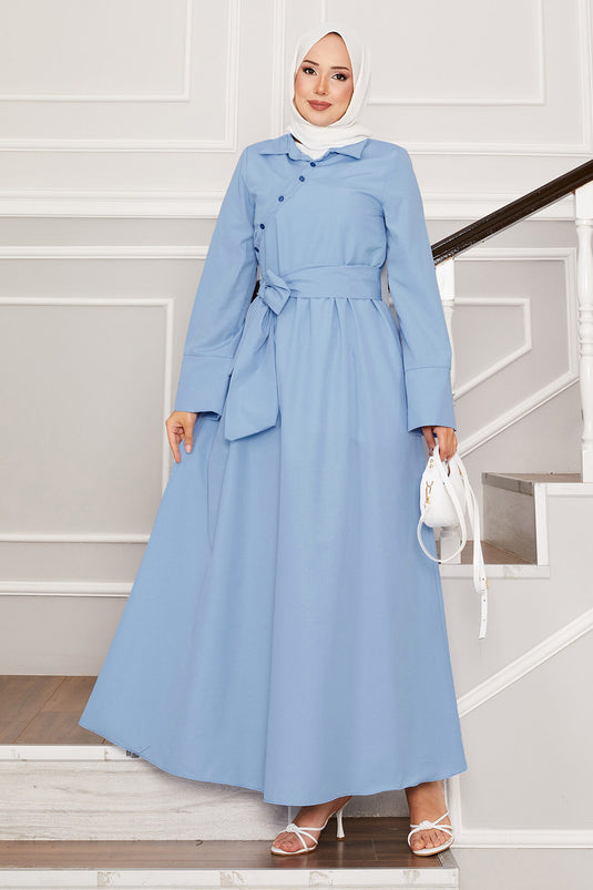 Removable Belted Shirt Collar Dress Baby Blue