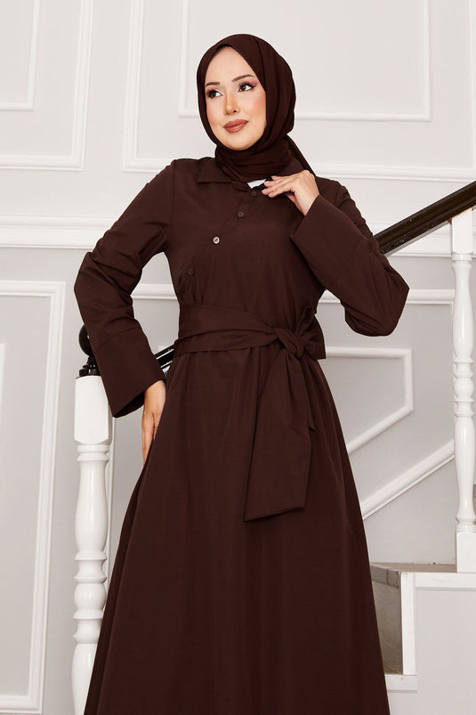Robe à col chemise avec ceinture amovible marron
