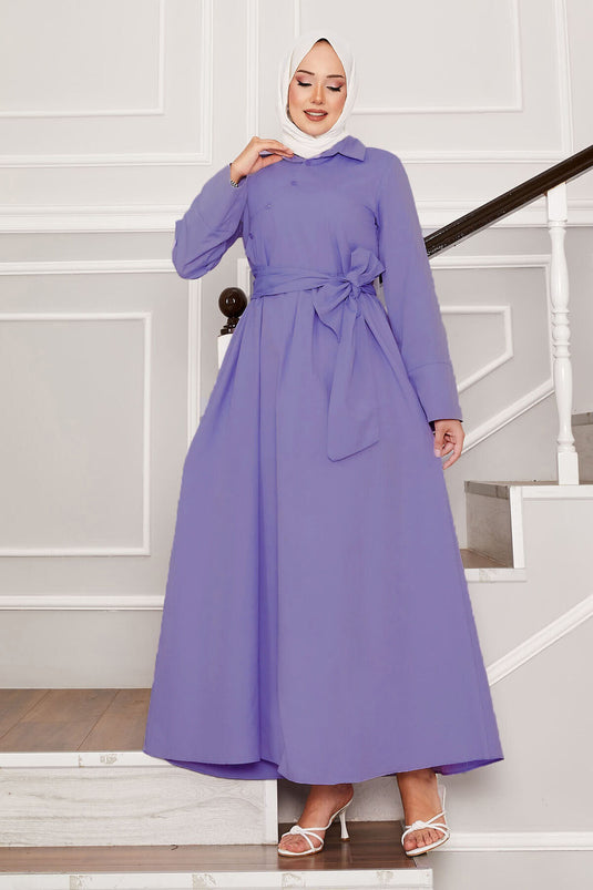 Removable Belted Shirt Collar Dress Dark Lilac
