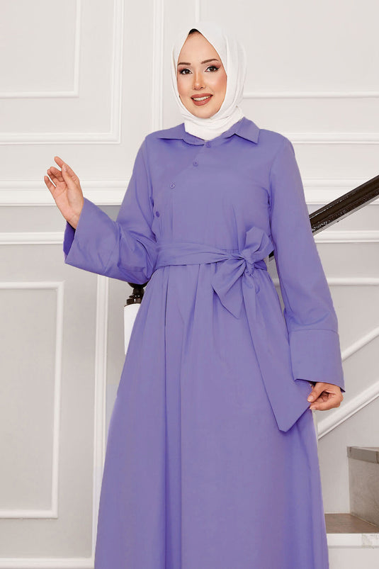 Removable Belted Shirt Collar Dress Dark Lilac