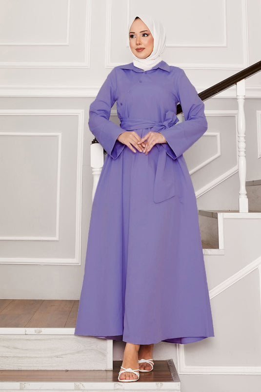Removable Belted Shirt Collar Dress Dark Lilac