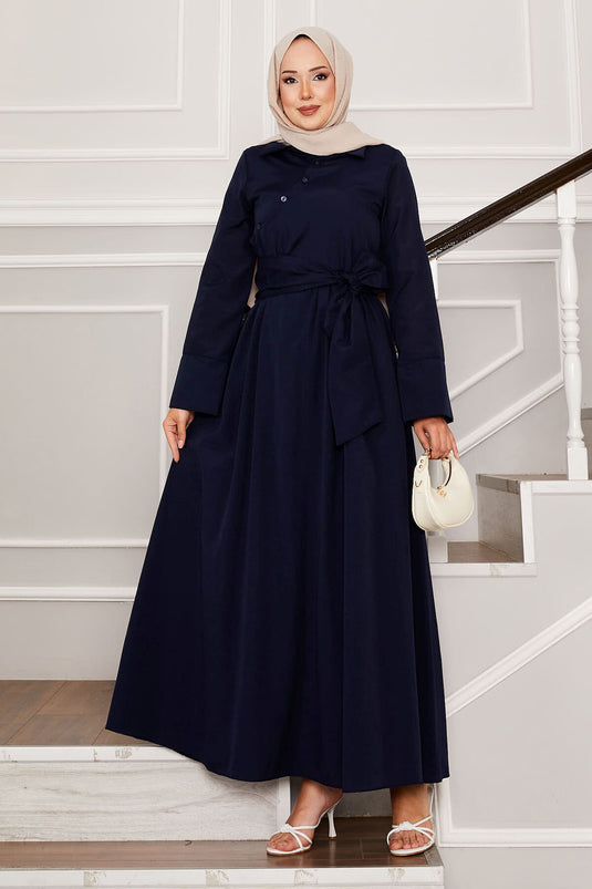 Abito con colletto a camicia con cintura rimovibile, blu navy