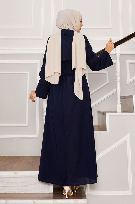 Abito con colletto a camicia con cintura rimovibile, blu navy