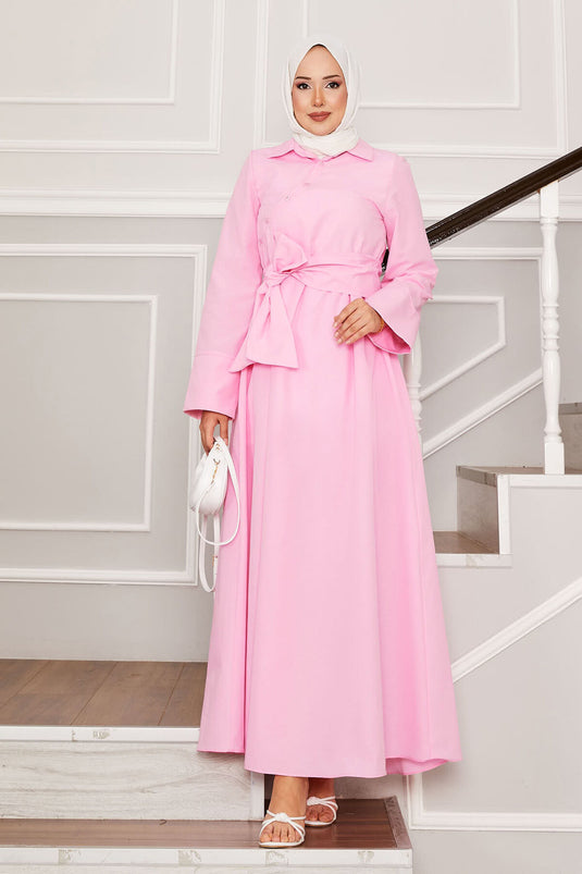 Removable Belted Shirt Collar Dress Pink