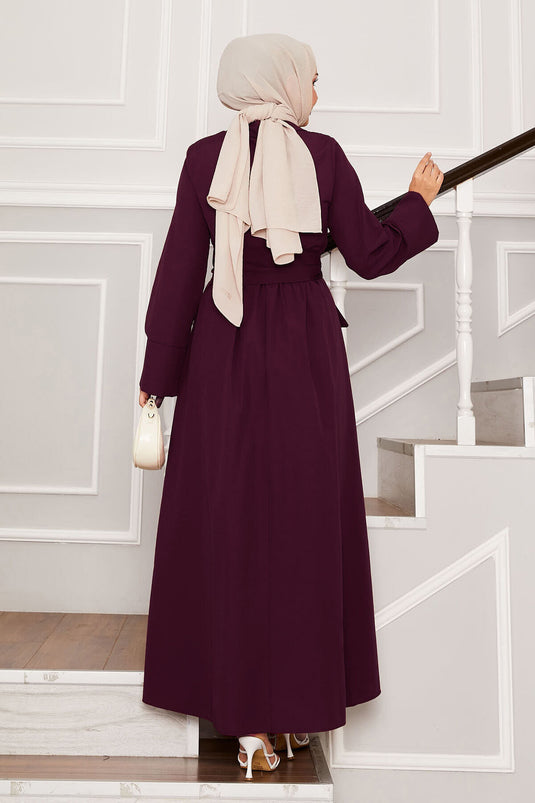 Removable Belted Shirt Collar Dress Wine