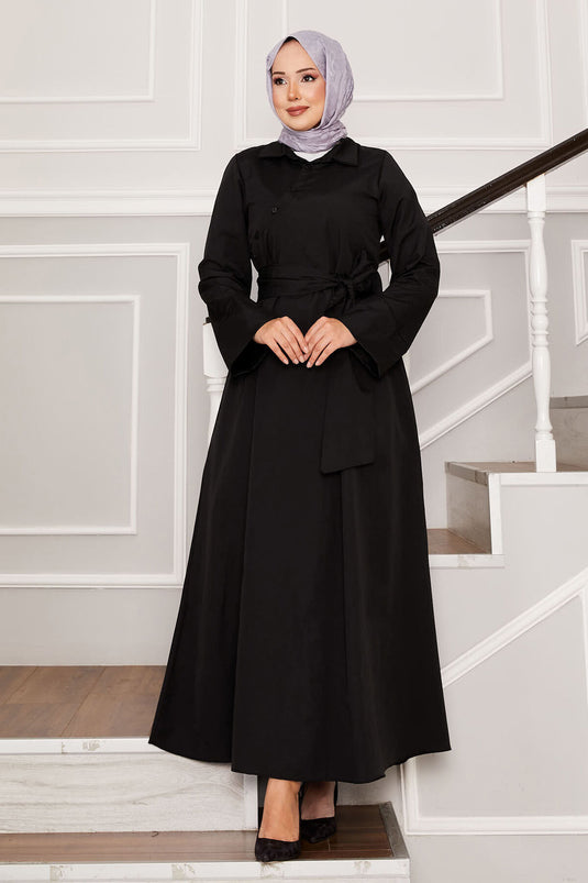 Removable Belted Shirt Collar Dress Black