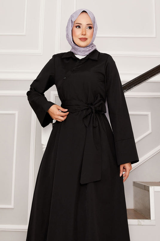 Removable Belted Shirt Collar Dress Black