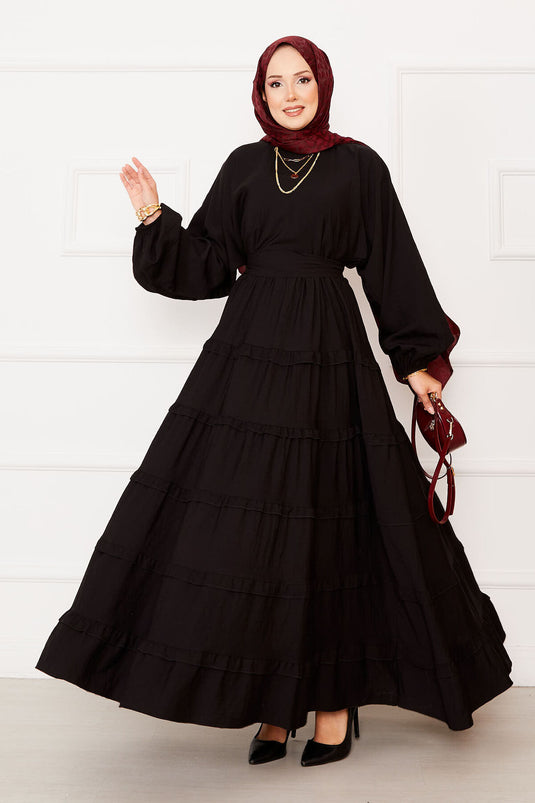 Removable Belted Layered Hijab Dress Black