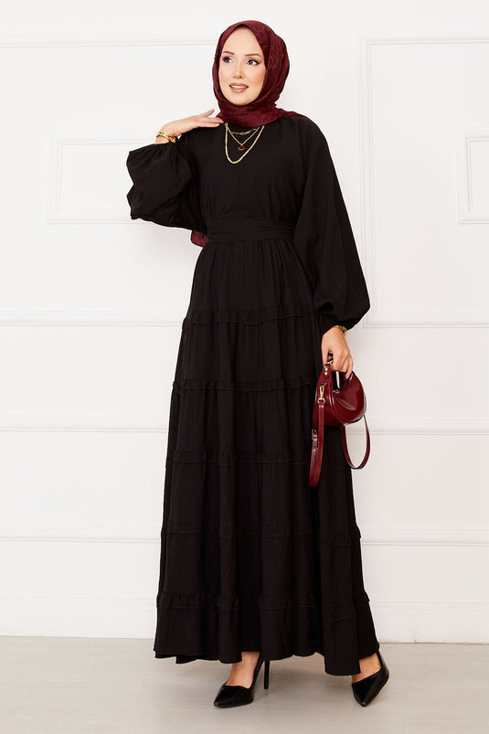 Seyyar Kuşaklı Kat Kat Tesettür Elbise Siyah