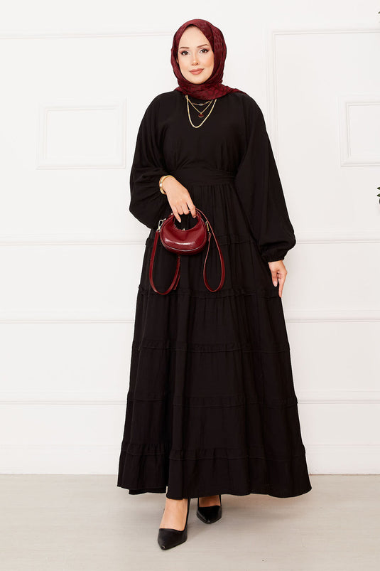 Removable Belted Layered Hijab Dress Black