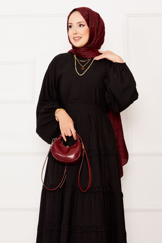 Seyyar Kuşaklı Kat Kat Tesettür Elbise Siyah