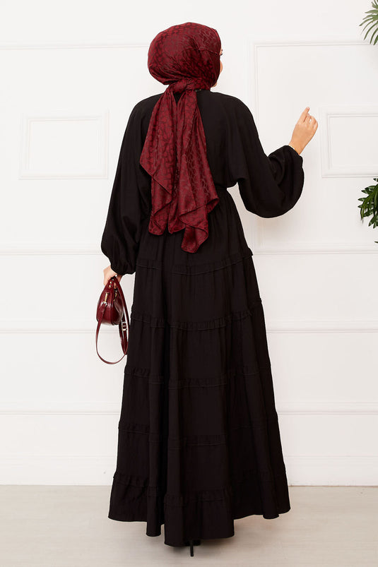Removable Belted Layered Hijab Dress Black