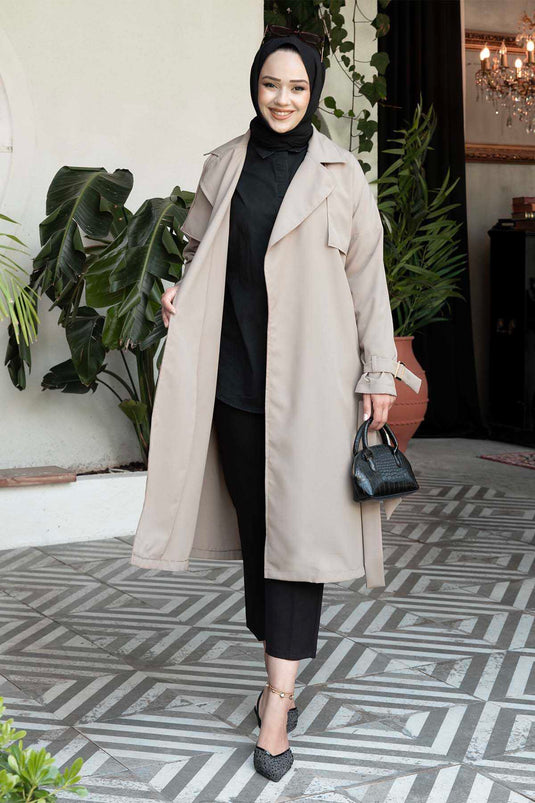 Trench Coat with Removable Belt and Adjustable Sleeves Beige