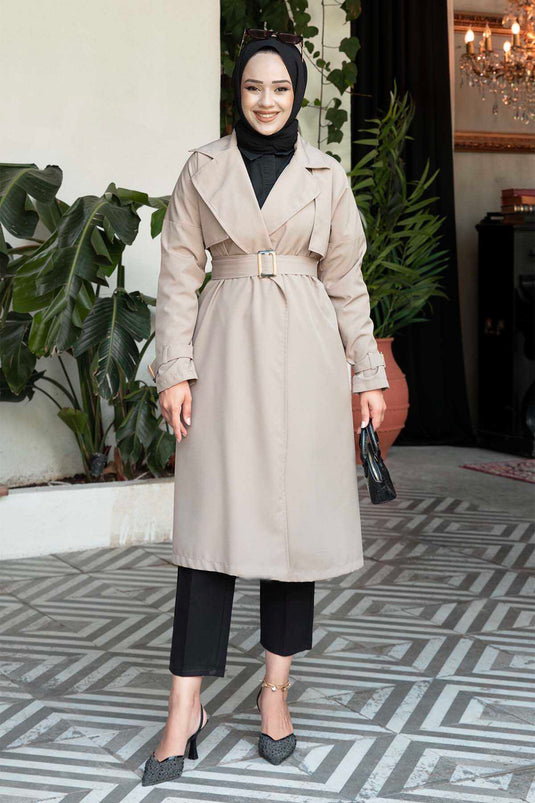 Trench Coat with Removable Belt and Adjustable Sleeves Beige