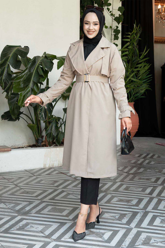 Trench Coat with Removable Belt and Adjustable Sleeves Beige