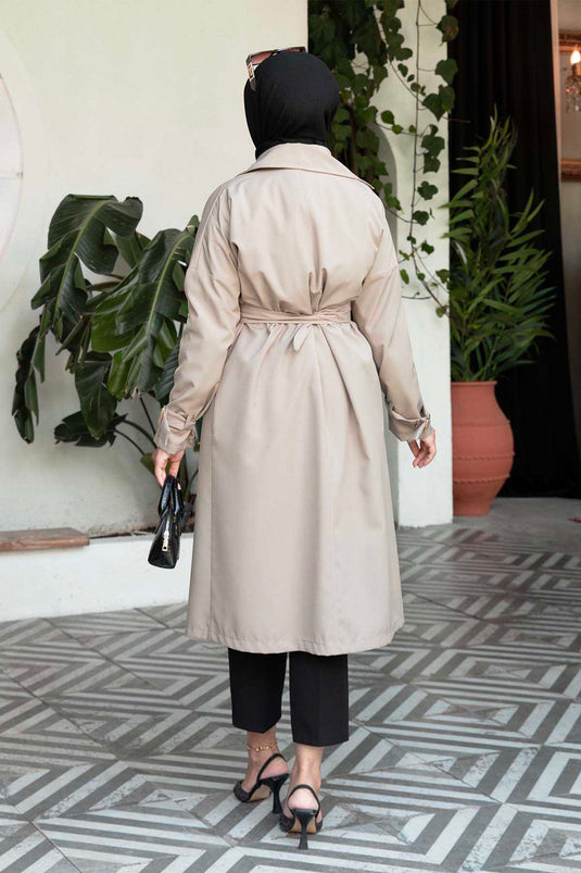 Trench Coat with Removable Belt and Adjustable Sleeves Beige