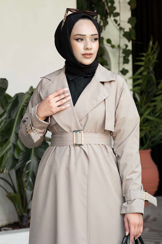 Trench Coat with Removable Belt and Adjustable Sleeves Beige