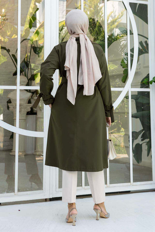 معطف واق من المطر بحزام متحرك وأكمام قابلة للتعديل كاكي