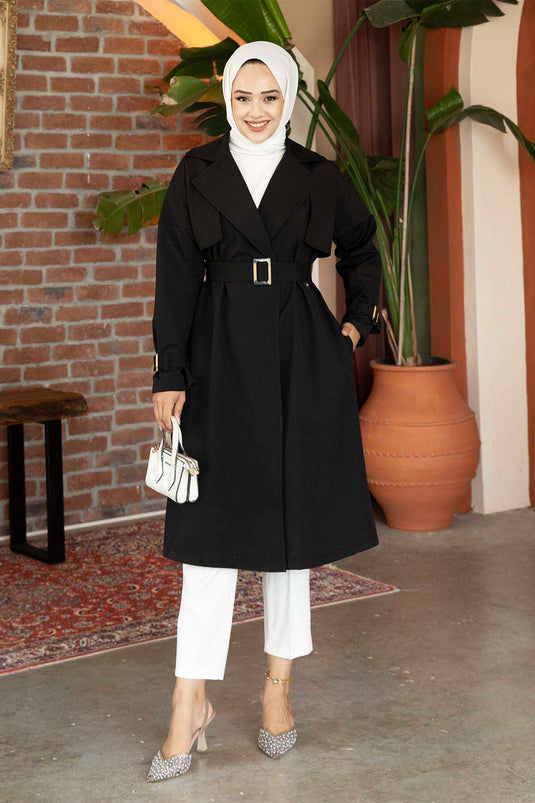 Schwarzer Gürtel-Trenchcoat Mit Verstellbaren Ärmeln